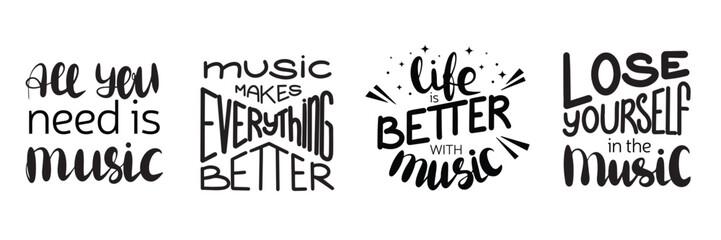Collection of music quotes. Vector hand drawn illustration. Lettering phrases. Idea for poster, postcard.