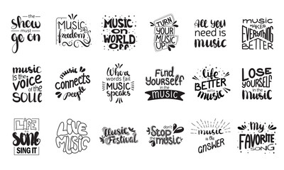 Big set of music phrases. Vector hand drawn illustration. Lettering phrases. Idea for poster, postcard.