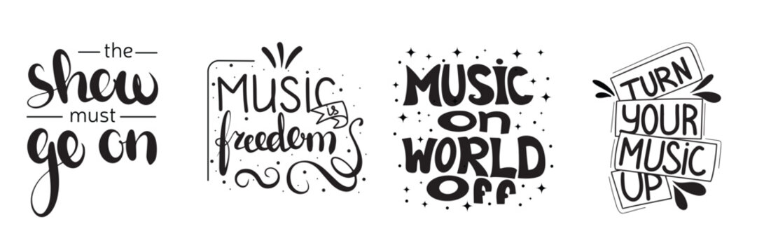 Naklejka Collection of music phrases. Vector hand drawn illustration. Lettering phrases. Idea for poster, postcard.