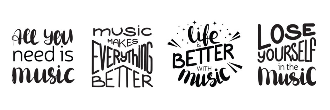 Naklejki Collection of music quotes. Vector hand drawn illustration. Lettering phrases. Idea for poster, postcard.