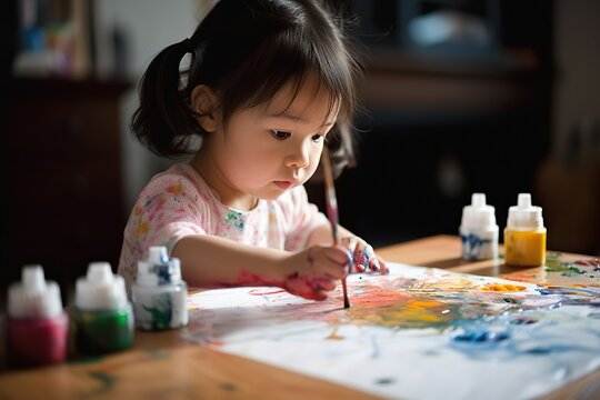 4 year old asian girl painting with his hands. Generative AI illustration.