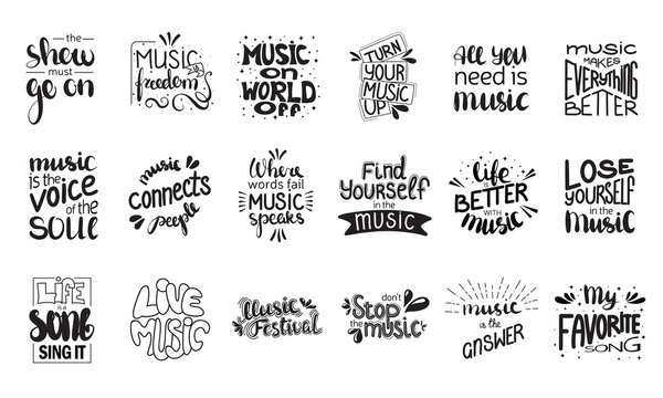 Naklejka Big set of music phrases. Vector hand drawn illustration. Lettering phrases. Idea for poster, postcard.