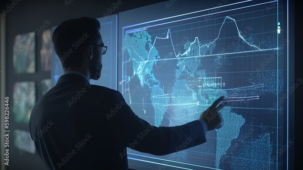 Poster businessman analyst working with digital finance business data graph showing technology of investmen