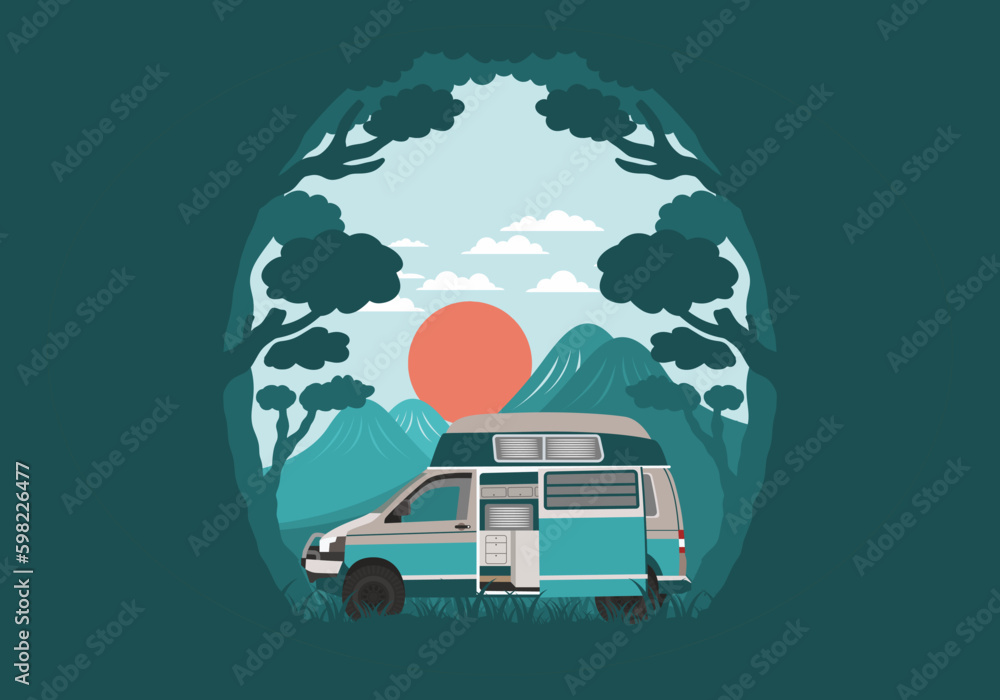 Wall mural colorful illustration badge of campervan in nature