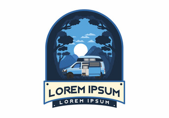 Colorful illustration badge of campervan in nature