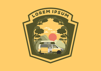Colorful illustration badge of campervan in nature
