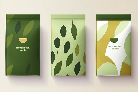 Generative AI. Green tea matcha powder packaging design concept.  healthy organic beverage, сup and glass of drink matcha latte. Branches of tea plant with leaves. Mockup for pack, ad.Minimal modern 