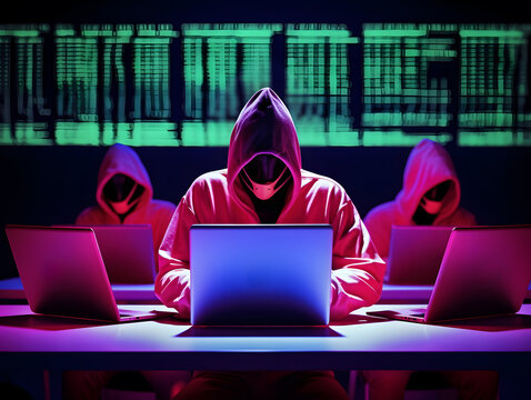 Three hackers without face. Concept of red hat, hacker group, organization or association.