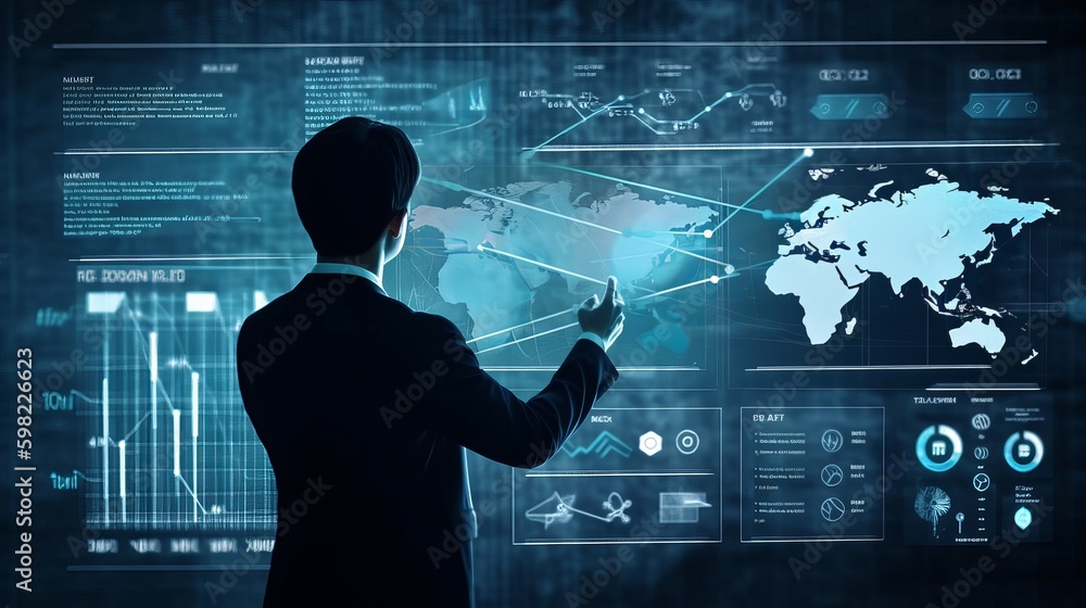 Poster businessman analyst working with digital finance business data graph showing technology of investmen