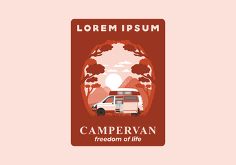 Colorful illustration badge of campervan in nature