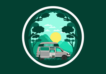 Colorful illustration badge of campervan in nature