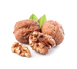 Walnuts with leaves on white backgrounds