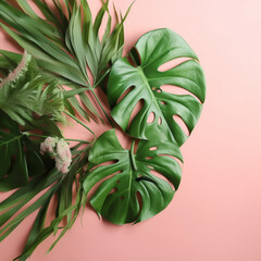 Obraz premium tropical monstera leaves set on a peach background