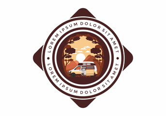 Colorful illustration badge of campervan in nature