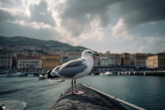 A seagull perched at Mergellina harbor in Naples. Generative AI