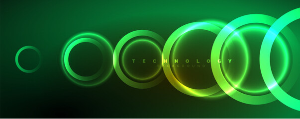 Neon glowing circles and round shape lines, magic energy space light concept, abstract background wallpaper design