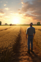 Young farmer working in the field at sunset. AI generated