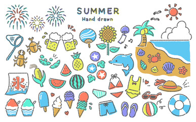 日本の夏　可愛い手描きイラスト　トロピカルカラー