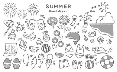 日本の夏　可愛い手描きイラスト　モノクロ