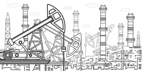 Power plant, petroleum industry. Oil pumps. Pipes and power. Factory Energy infrastructure. Black outlines illustration. Urban scene. Vector design art