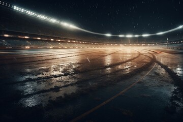Fototapeta na wymiar Digital 3D illustration of night race track finish line & illuminated stadium. Generative AI