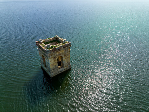 Cuerda del Pozo reservoir on the Duero river view of the bell tower of the church of La Muedra Soria province