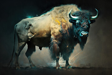 Image of a bison that stands gracefully of the forest. Wild animal. illustration, generative AI.