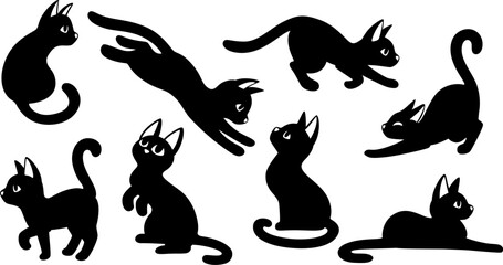 Black cats silhouettes set for halloween and other. Cat shapes isolated on white background.