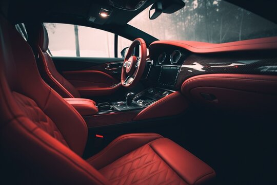 Modern car with red leather sport seats. Generative AI