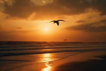 A flying seagull silhouette in sunset sky and beach. AI generative