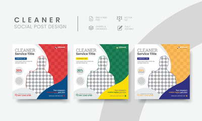 Premium cleaning service social media post template for business marketing. Modern cleaning service social media layout design for square web banner & flyer. Vol - 4