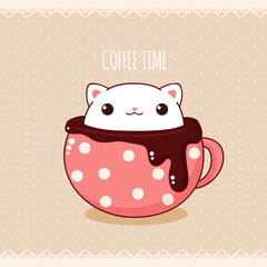 Square retro card with cute animal in cup in kawaii style. Vintage style card with lovely little cat in cup. Can be used for t-shirt print, stickers, greeting card design. Vector illustration EPS8 - obrazy, fototapety, plakaty