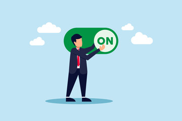 Turn on switch, paradigm shift or change to be better status, start or begin business, setting or preference concept, smart businessman push setting button switch to on position.