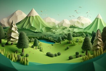 3d illustration of fantasy landscape with trees and lake in the mountains, paper cut style, generative Ai