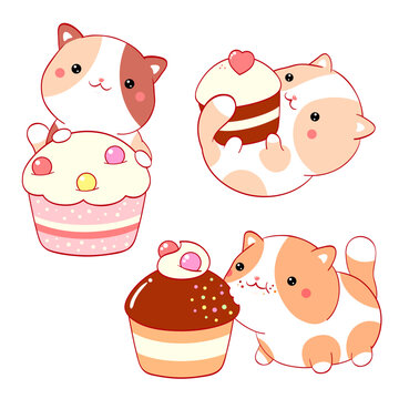 Set of little cats with desserts in kawaii style. Collection of cute kitten with cake, muffin and cupcake with whipped cream and berry