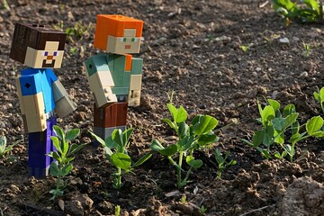 Fototapeta premium LEGO Minecraft figures of Steve and Alex standing next to fresh spring sprouts of pea plants, latin name Pisum Sativum in cultivated garden, afternooon sunshine