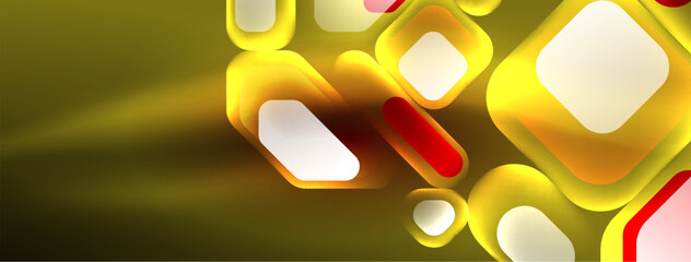 Neon lines, squares and round shapes abstract background. Techno glowing neon hexagon shapes vector illustration for wallpaper, banner, background, landing page, wall art, invitation, prints, posters