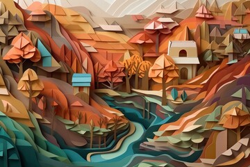 Colourful 3D rendering of a Paper cut style town in the middle of the desert, generative Ai