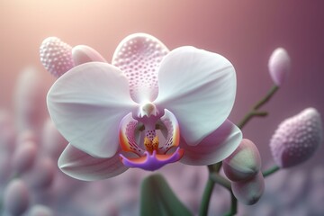 Detailed cartoon orchid in soft pastel colors, in 3D avatar form. Generative AI