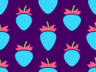 Seamless pattern with blue strawberries on a purple background. Red strawberries with seeds. Strawberry sweet berries. Design for posters, wrapping paper and wallpapers. Vector illustration