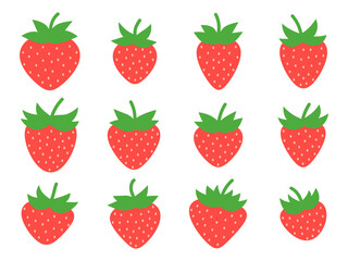 Strawberry set isolated on white background. Red strawberries with seeds. Strawberry sweet berries. Design for posters, banners and promotional items. Vector illustration