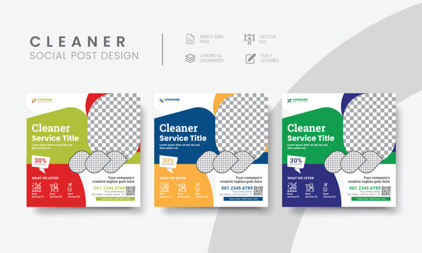 Premium cleaning service social media post template for business marketing. Modern cleaning service social media layout design for square web banner & flyer. Vol - 11