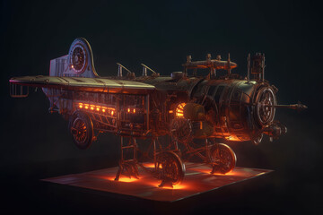 Steampunk, Plane, Aircarft, Neon Lights, Bike, Transport, Wheels, Black, Vehicle, Engine, Made by AI, AI generated, Artificial intelligence	
