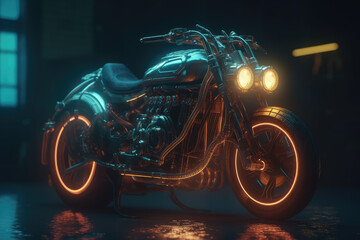 Obraz na płótnie Canvas Steampunk, Motorcycle, Neon Lights, Bike, Transport, Wheels, Black, Vehicle, Engine, Made by AI, AI generated, Artificial intelligence 