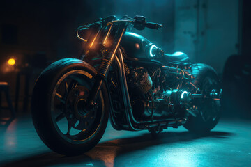 Obraz na płótnie Canvas Steampunk, Motorcycle, Neon Lights, Bike, Transport, Wheels, Black, Vehicle, Engine, Made by AI, AI generated, Artificial intelligence 
