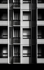 Black and white image of the lit balconies on an apartment block at night time. Generative AI.
