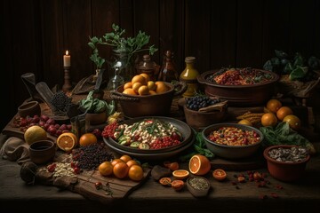 Vegetable dishes, spices and pan with fruits and leaves on table. Generative AI