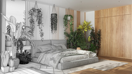 Architect interior designer concept: hand-drawn draft unfinished project that becomes real, home garden, minimal bedroom. Urban jungle style. Biophilia concept