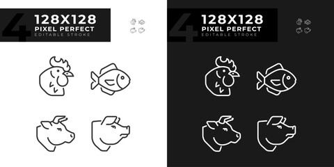 Meat and fish products pixel perfect linear icons set for dark, light mode. Protein source. Food group. Farm animals. Thin line symbols for night, day theme. Isolated illustrations. Editable stroke