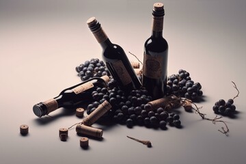 Red wine bottles with corkscrews & cork on white background, for wine lists/tastings. Black grapes. Generative AI